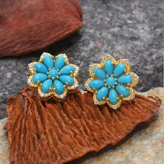 Turquoise flower cluster stud earrings, gold-tone | Hair Your Lux