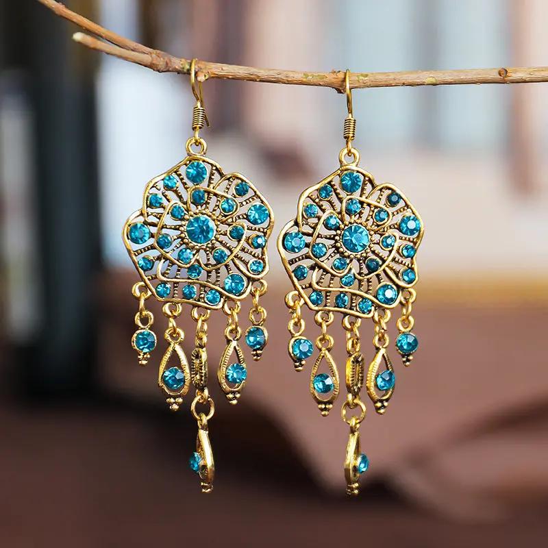 Filigree crystal gypsy drop earrings, vintage gold with blue crystal | Hair Your Lux