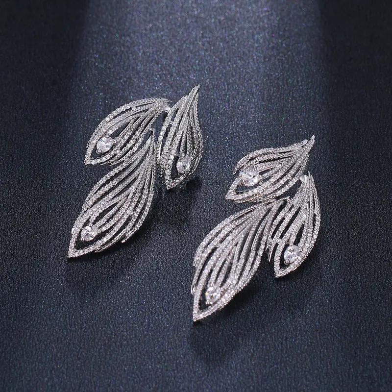 Crystal pavé leaf drop earrings, silver-tone bridal | Hair Your Lux