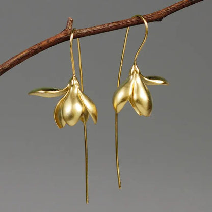 Magnolia flower bud drop earrings, matte gold-tone | Hair Your Lux