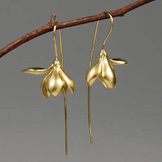 Magnolia flower bud drop earrings, matte gold-tone | Hair Your Lux