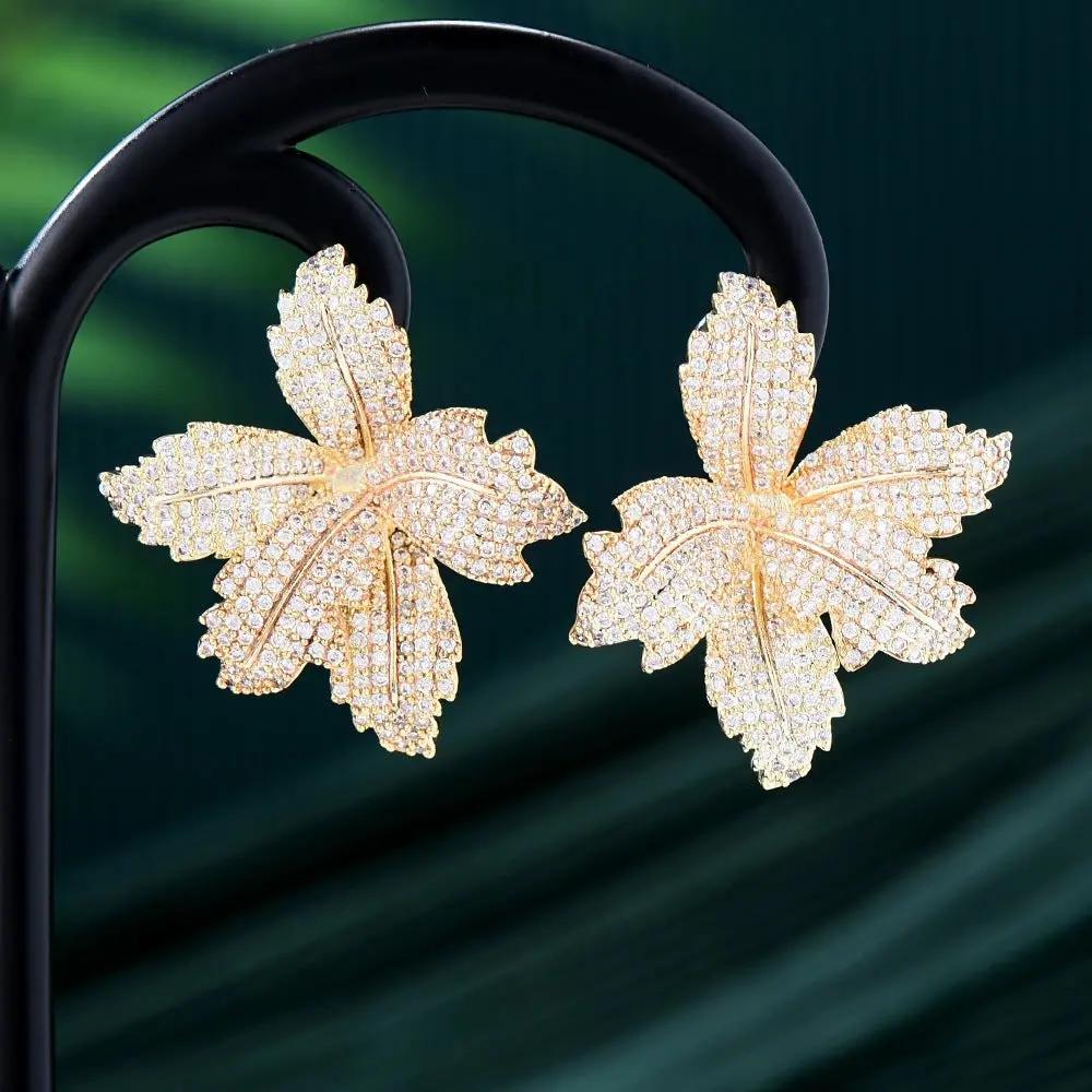 Pavé crystal leaf stud earrings, gold-tone | Hair Your Lux