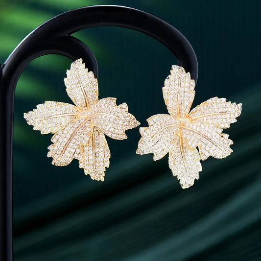 Pavé crystal leaf stud earrings, gold-tone | Hair Your Lux