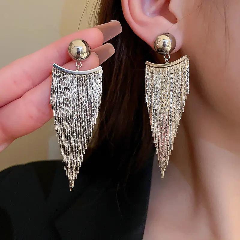 Sweeping chain fringe drop earrings, silver-tone | Hair Your Lux