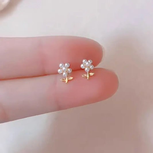 Dainty faux-pearl flower stud earrings with gold leaf | Hair Your Lux