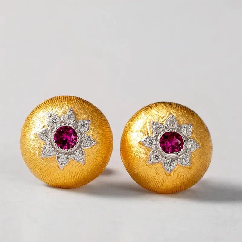 Gold dome stud earrings with red crystal centre and pavé halo | Hair Your Lux