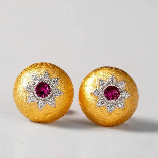 Gold dome stud earrings with red crystal centre and pavé halo | Hair Your Lux