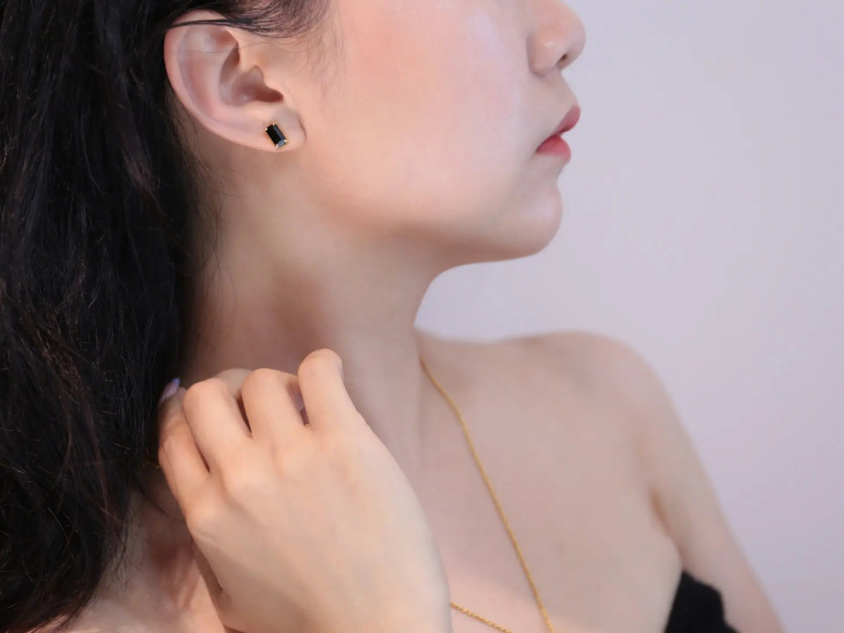 Minimalist black stone bar earrings, gold-tone detail | Hair Your Lux