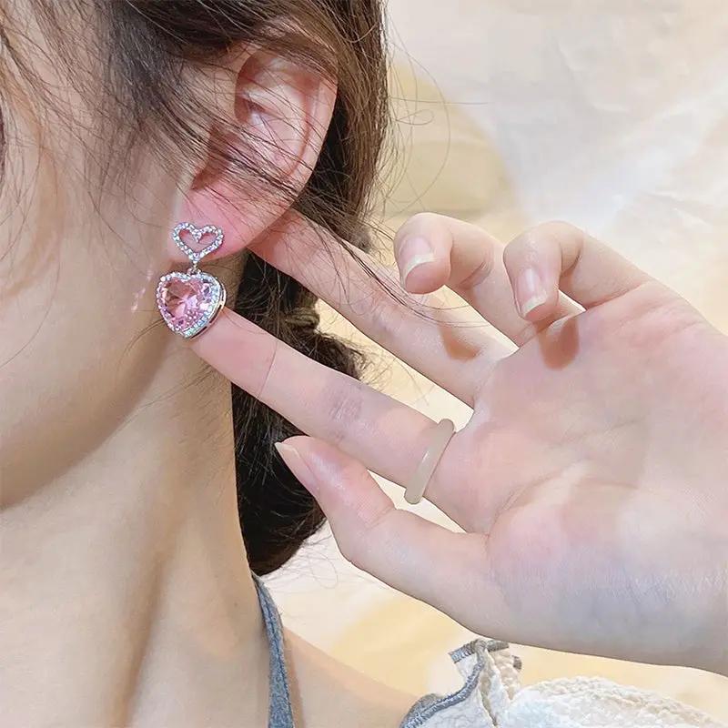 Pink heart drop earrings, silver-tone romantic | Hair Your Lux