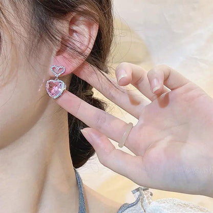 Pink heart drop earrings, silver-tone romantic | Hair Your Lux