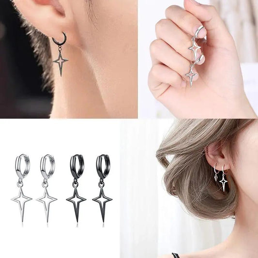 Star charm huggie hoop earrings with four-pointed star, black | Hair Your Lux