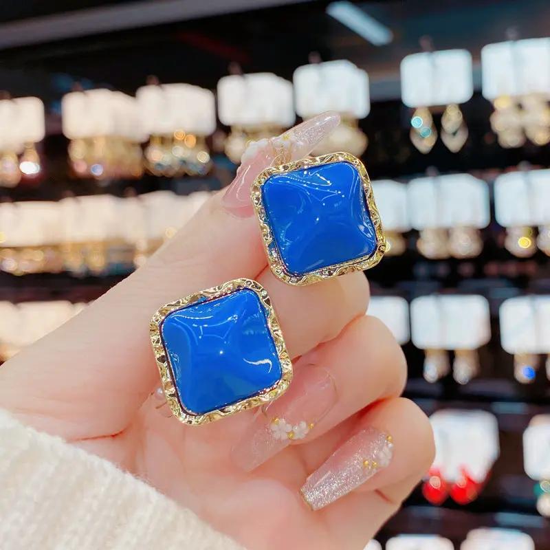 Klein blue glossy square gold-framed stud earrings | Hair Your Lux