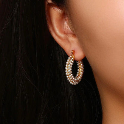 Chunky gold hoop earrings with pearl and crystal rows | Hair Your Lux