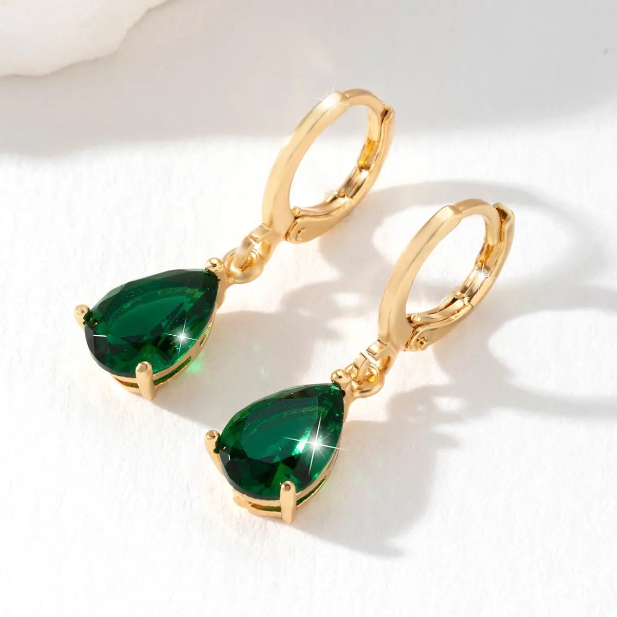 Green crystal teardrop drop earrings, gold-tone leverback | Hair Your Lux