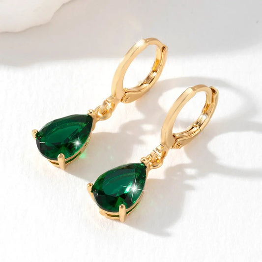 Green crystal teardrop drop earrings, gold-tone leverback | Hair Your Lux