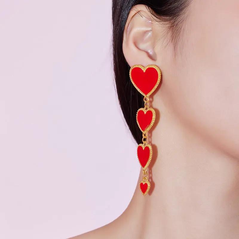 Cascading red enamel heart drop earrings, gold-tone | Hair Your Lux