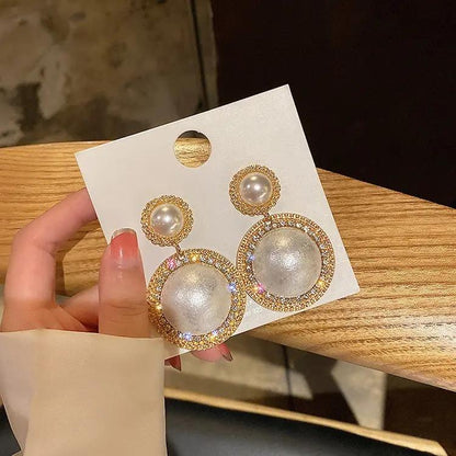 Large faux pearl drop earrings in gold crystal frame | Hair Your Lux